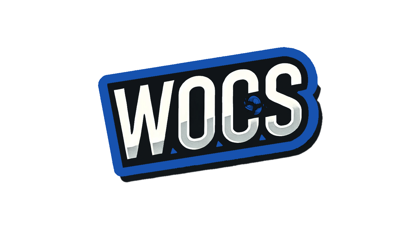 World of Clay Shooting (WOCS) logo in blue and white colors, featuring bold uppercase letters 'WOCS' with a stylized clay target, symbolizing the brand of a clay shooting-focused website.