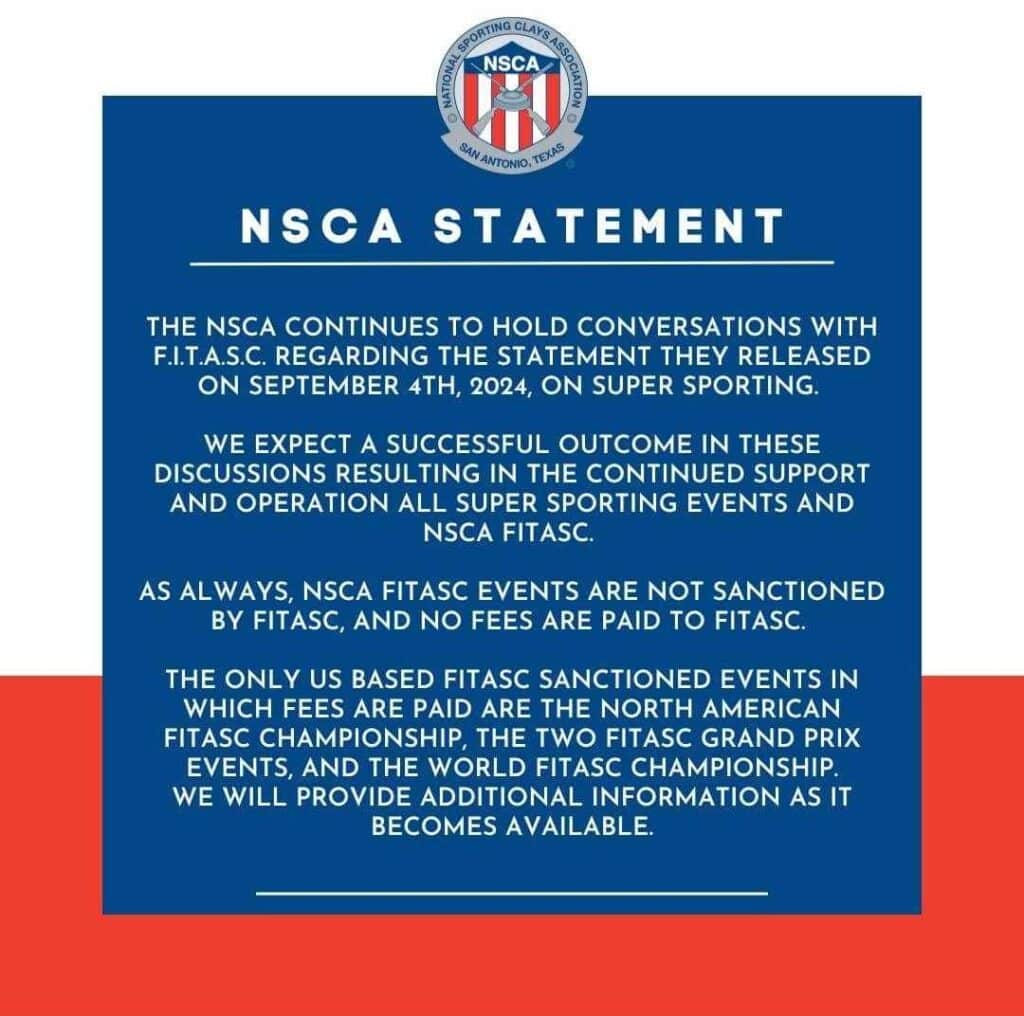 NSCA official statement regarding FITASC's Super Sporting communiqué released on September 4th, 2024, clarifying that NSCA FITASC events are not sanctioned by FITASC and no fees are paid, with continued discussions and updates promised