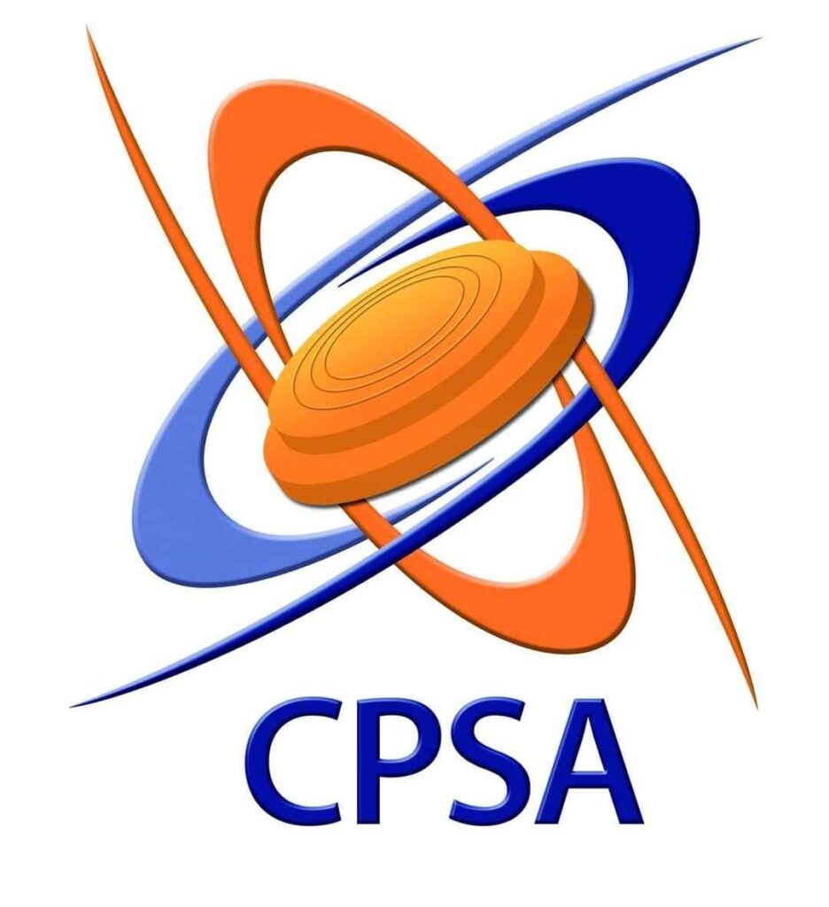 CPSA logo featuring an orange clay target with dynamic blue and orange swooshes, representing the Clay Pigeon Shooting Association's branding.