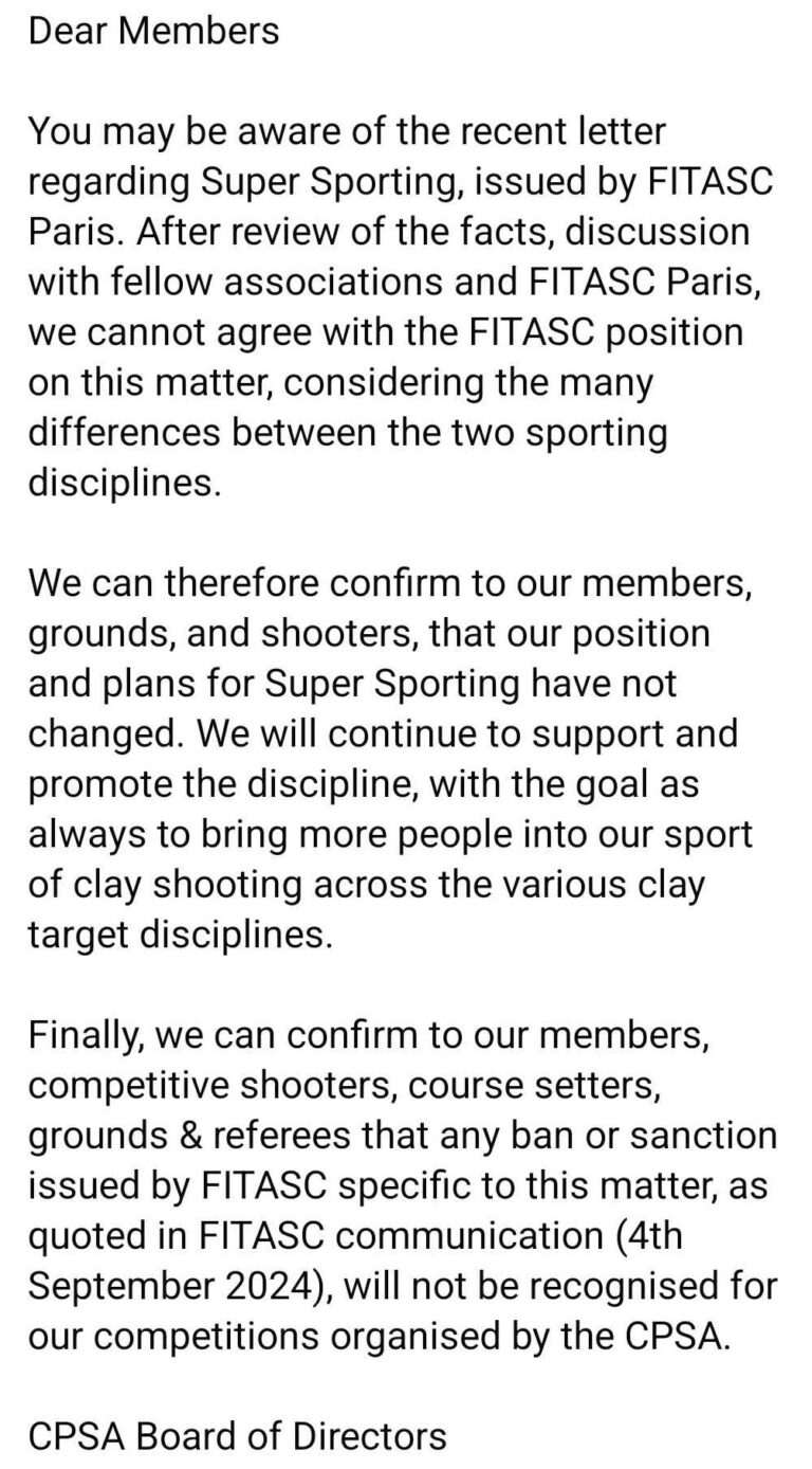 Official letter from CPSA Board of Directors addressing members about the FITASC communiqué on Super Sporting, clarifying their stance and commitment to the discipline.