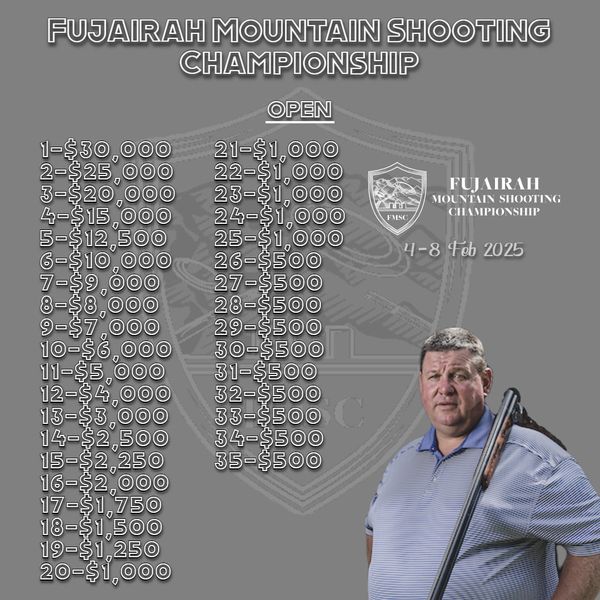 "Prize breakdown for the Fujairah Mountain Shooting Championship 2025 in Women, Junior, and Senior (Veteran) categories. Top prize of $10,000 for first place, with cash prizes awarded to the top 10 competitors, ranging from $10,000 to $500."