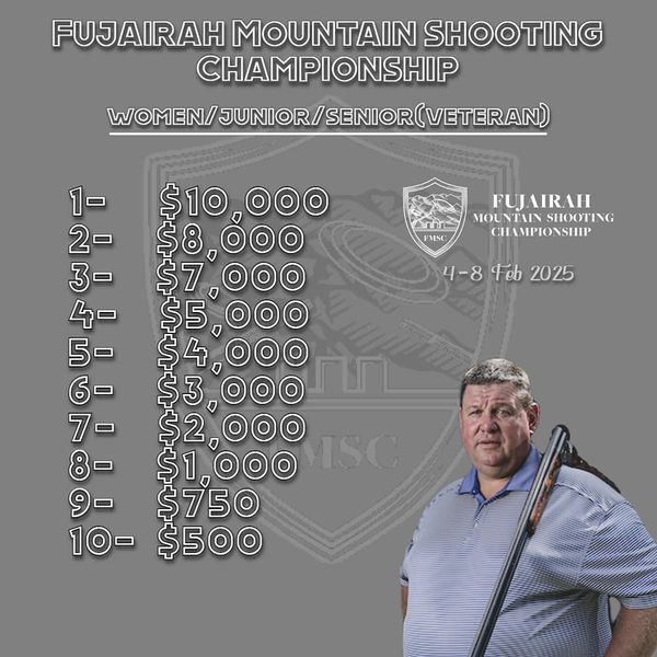 "Prize breakdown for the Fujairah Mountain Shooting Championship 2025 in the Open category. Top prize of $30,000 for first place, with cash prizes awarded to the top 35 competitors, ranging from $30,000 to $500."